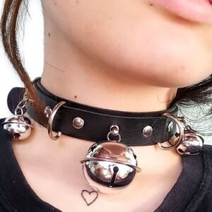 Black Leather Silver Bells Adjustable Buckle Choker - NEW
